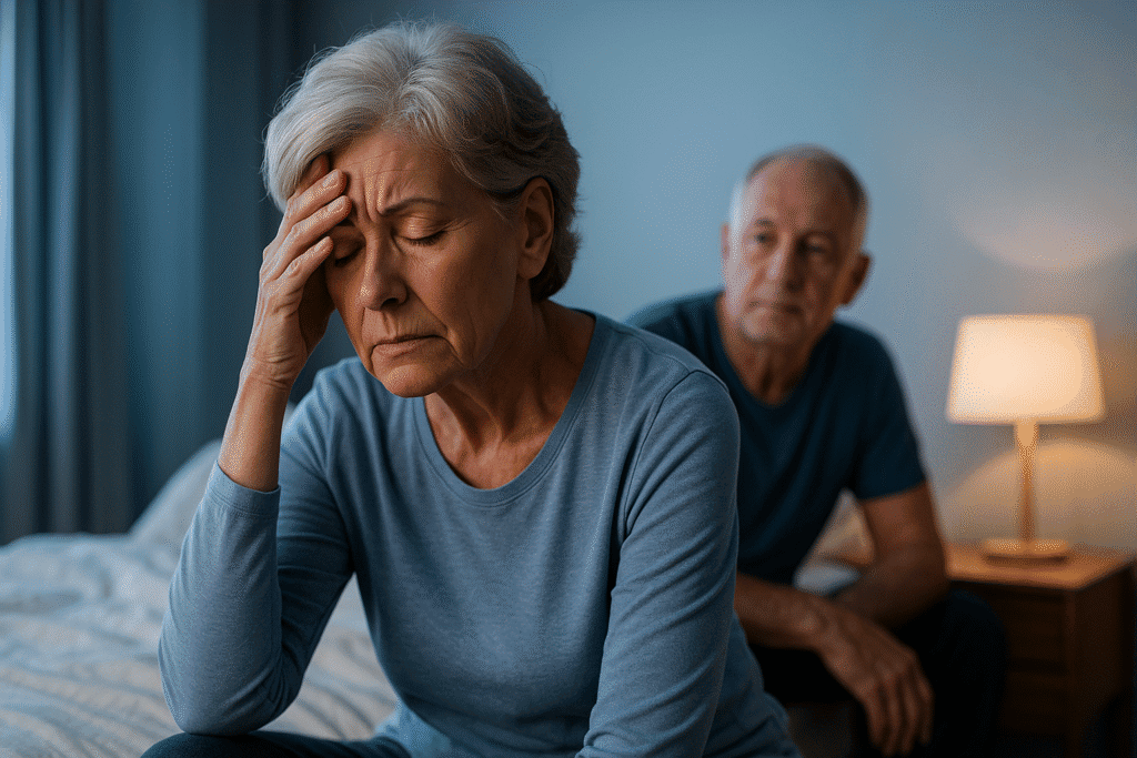 Older woman struggles with the emotional impacts of sleep disorders in later life.