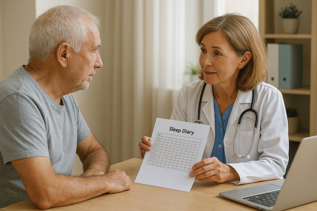 Doctor showing sleep diary to older male patient during a consultation.
