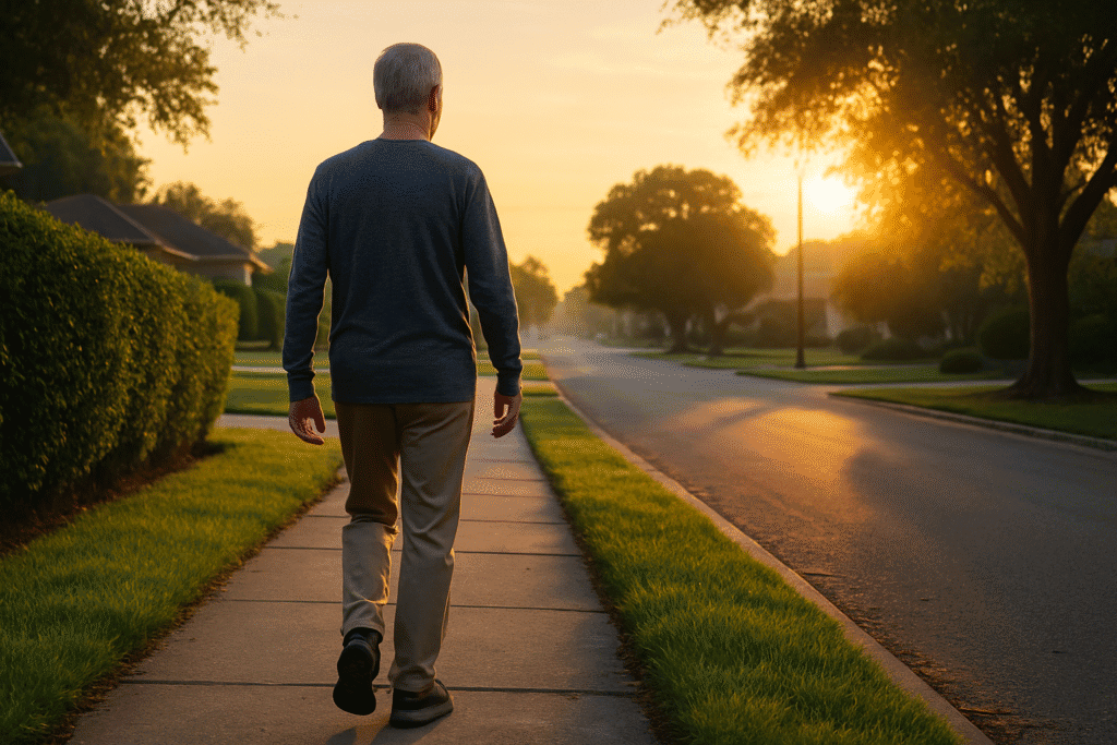 Older adult man with light skin walking alone through a quiet suburban neighborhood at sunrise, bathed in soft golden light.