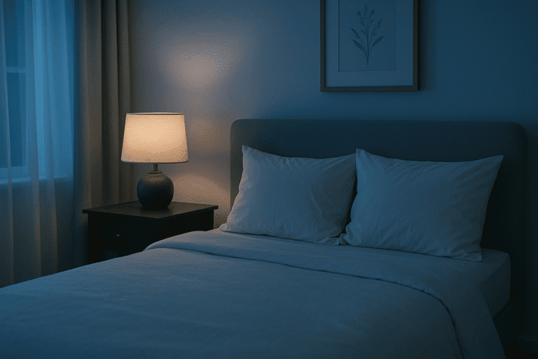 Cozy, dimly lit bedroom with soft blue bedding and a warm bedside lamp