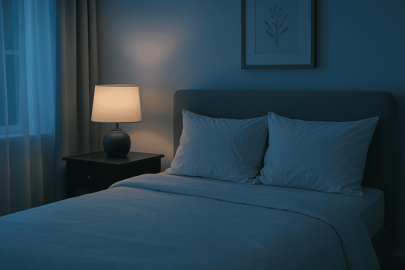 Cozy, dimly lit bedroom with soft blue bedding and a warm bedside lamp