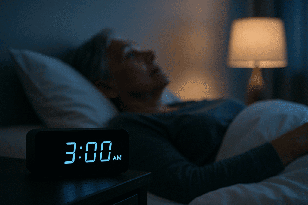Older woman awake in bed at 3:00 a.m., struggling with insomnia.