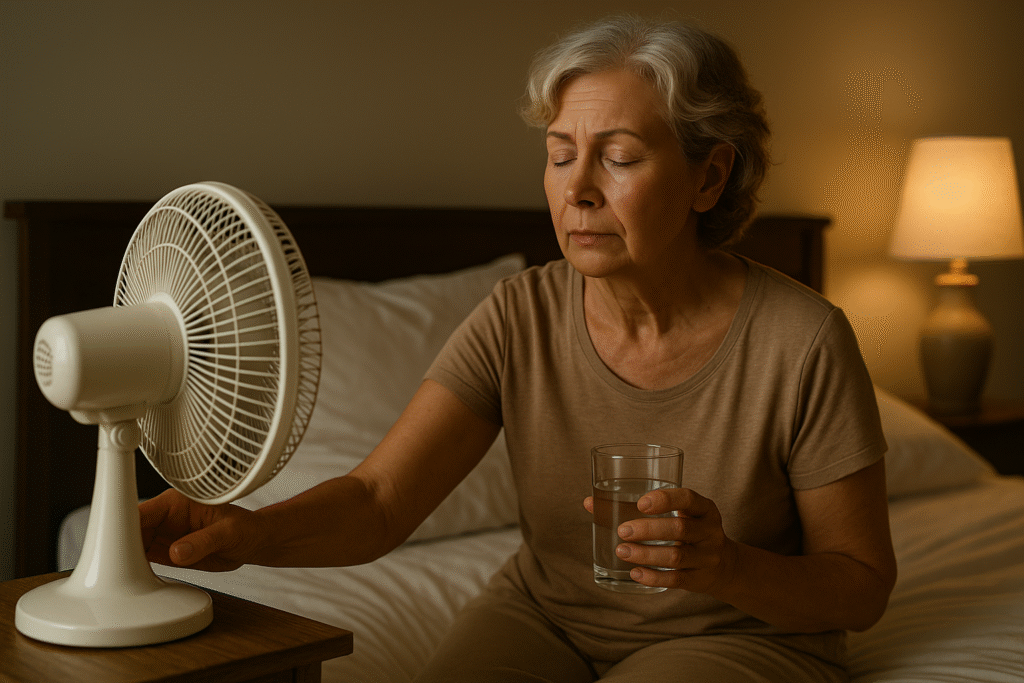 Older woman in beige pajamas adjusting a bedside fan while holding a glass of water, sitting on a bed in softly lit bedroom.
