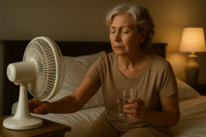 Older woman in beige pajamas adjusting a bedside fan while holding a glass of water, sitting on a bed in softly lit bedroom.