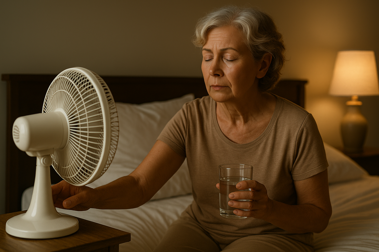 Older woman in beige pajamas adjusting a bedside fan while holding a glass of water, sitting on a bed in softly lit bedroom.