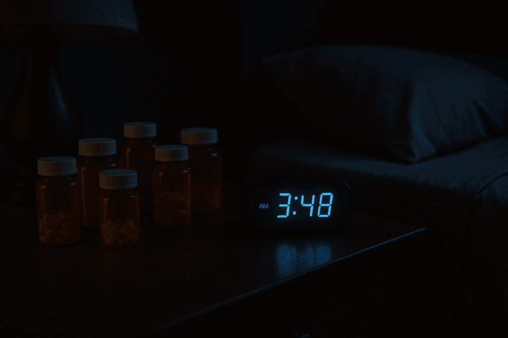 Nightstand with several unlabeled pill bottles and a glowing digital clock reading 3:48 AM in a dimly lit bedroom.