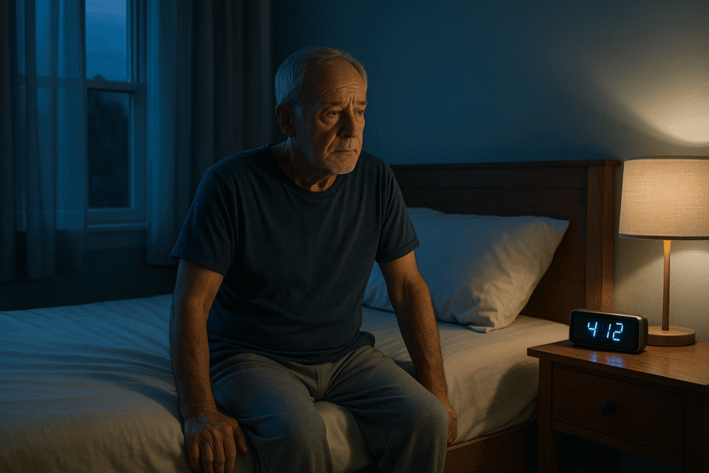Senior man dealing with early waking while sitting on the edge of a bed at 4:12 AM, dim bedroom lit by early morning blue light with a digital clock visible.