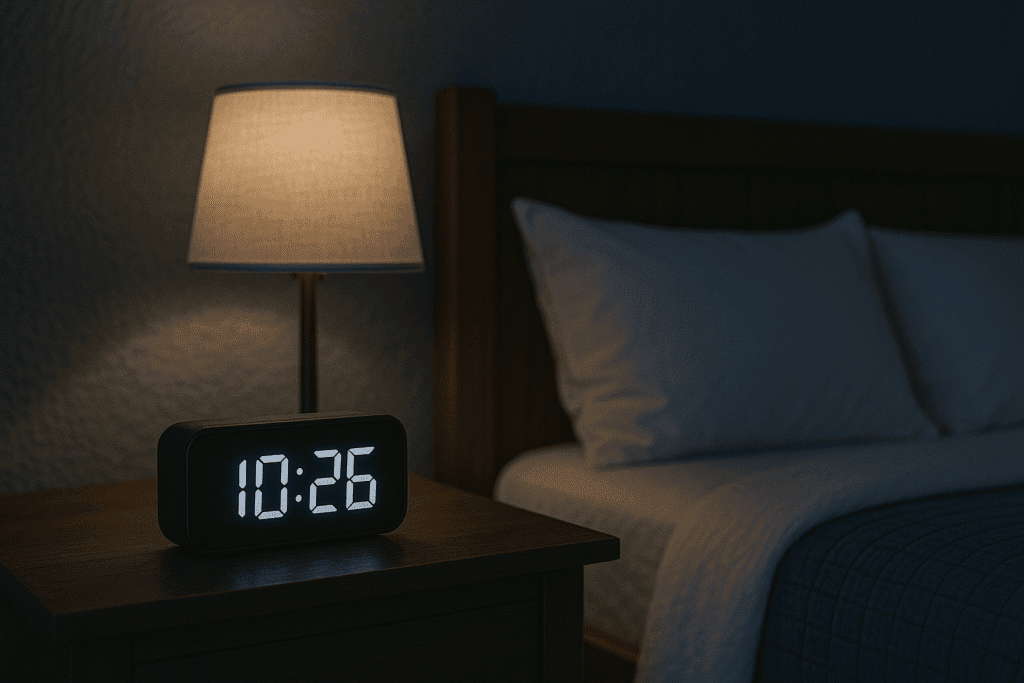 Nightstand with lamp and digital clock showing 10:26 PM beside a neatly made bed