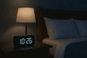 Nightstand with lamp and digital clock showing 10:26 PM beside a neatly made bed