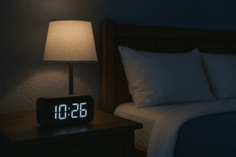 Nightstand with lamp and digital clock showing 10:26 PM beside a neatly made bed