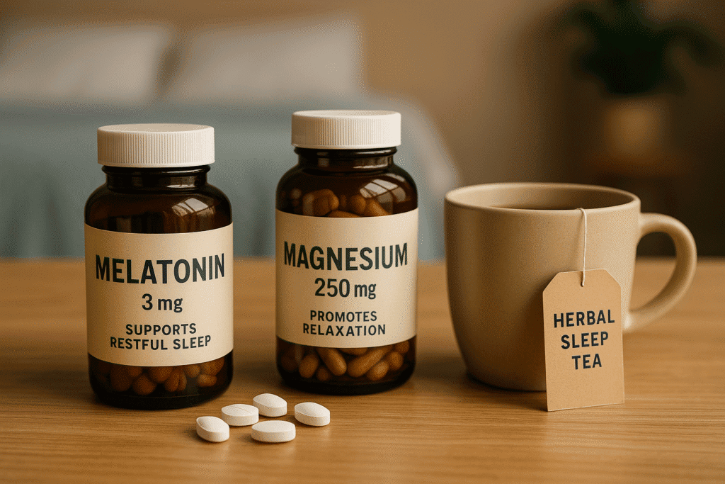 Bottles of melatonin and magnesium supplements next to a mug of herbal sleep tea and several tablets on a table