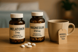 Bottles of melatonin and magnesium supplements next to a mug of herbal sleep tea and several tablets on a table