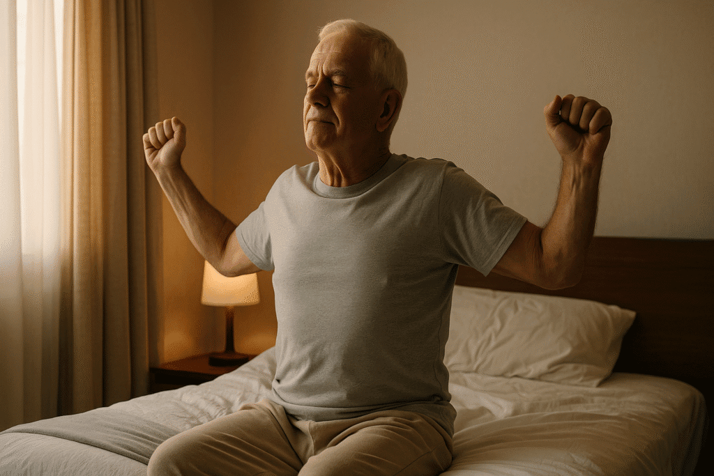 Older man in his 70s sitting up in bed and stretching his arms as morning sunlight streams through the window.