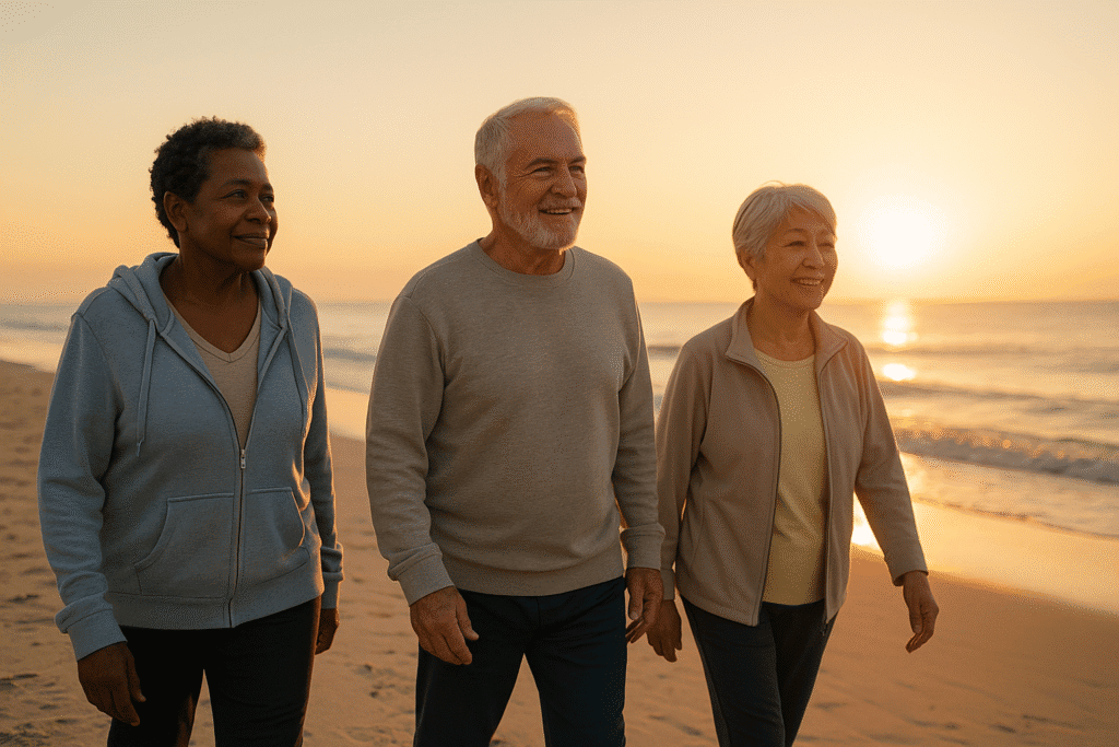 Three older adults of diverse backgrounds walking together along the shoreline at sunrise.