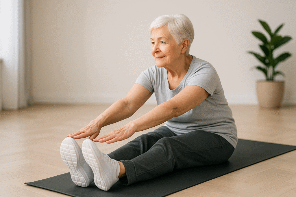 An 80-year-old woman in activewear and sneakers stretching on a yoga mat in a bright studio