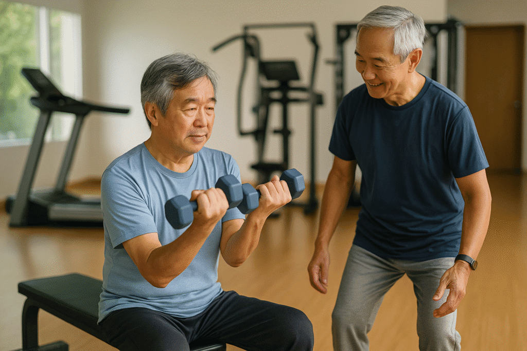 An older Asian man lifting light dumbbells in a community gym with support from a friend.