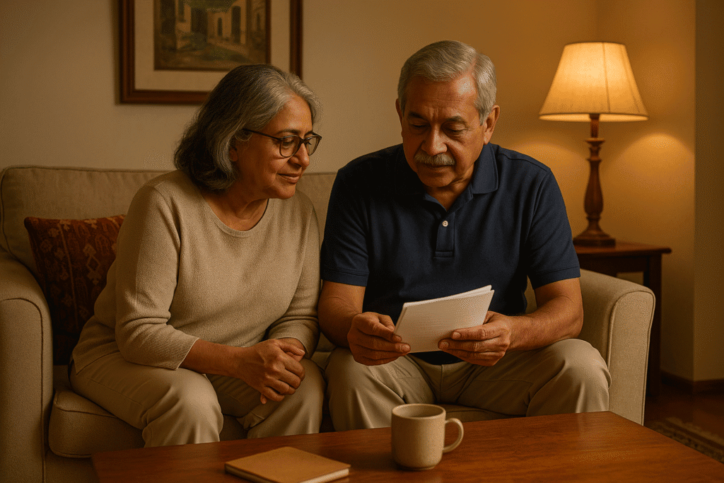 An older South Asian couple sitting together on a sofa in a cozy living room, reviewing notes.