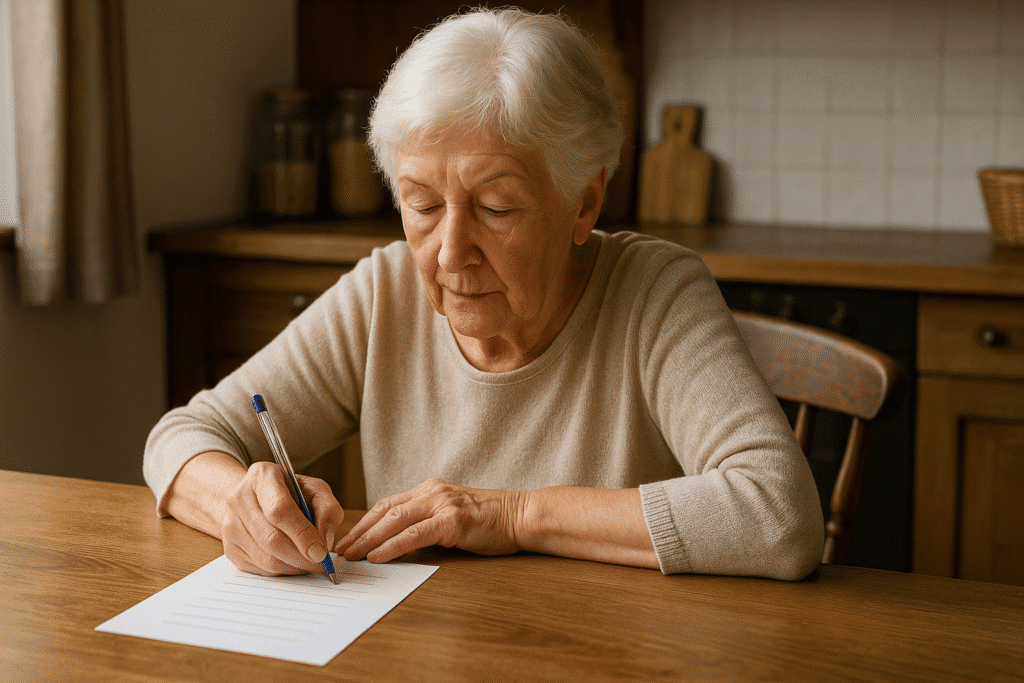 Elderly woman with short white hair writing notes at a kitchen table