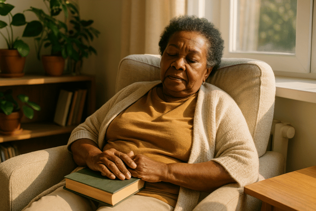 Senior woman practices good sleep hygiene by taking an afternoon nap.