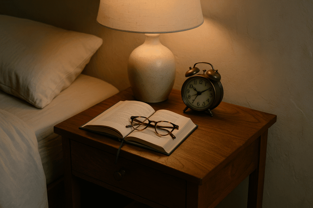 Insomnia in seniors, portrayed by a warm bedside still life with vintage brass alarm clock at 4:45 a.m., open clothbound book, and tortoiseshell glasses on a hand-crafted walnut nightstand