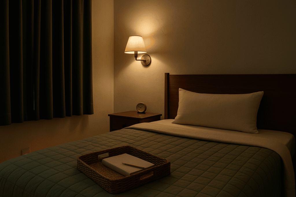 Summary: insomnia in seniors, calm bedroom with wall sconce, blackout curtains, and woven tray with notebook on quilted bed