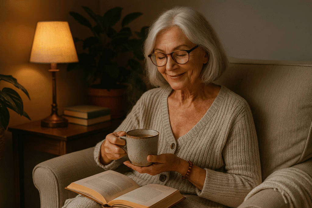 Senior woman with silver bob and glasses relaxing in a cozy reading nook, holding herbal tea with a book open on her lap