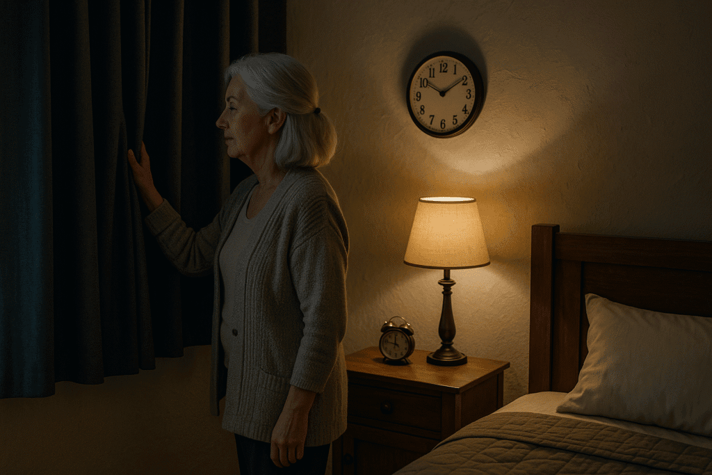 older woman standing and closing blackout curtains, warm bedside lamp and analog clock in view