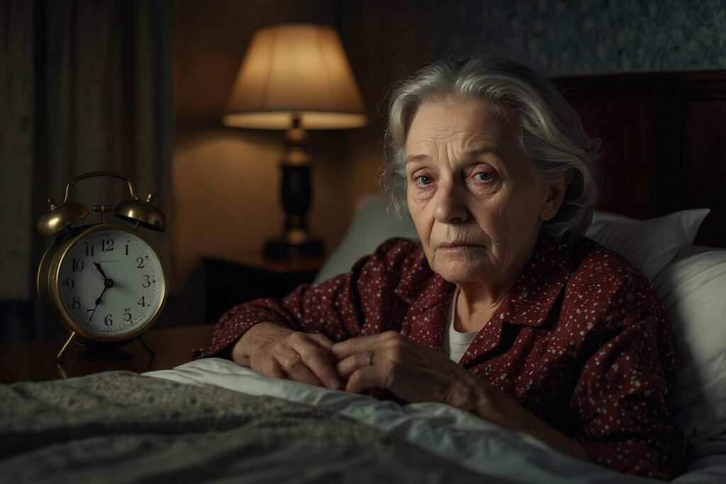 Older woman lies awake in bed late at night.