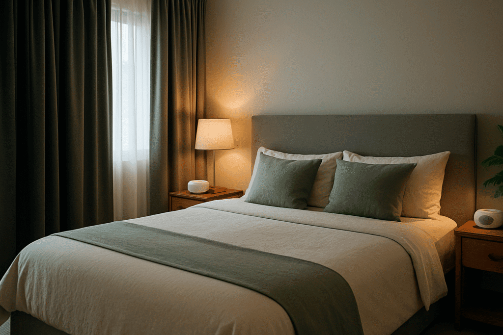 Landscape view of a serene bedroom featuring blackout curtains, a white noise machine on the nightstand, and a neatly made bed with soft gray and sage bedding.