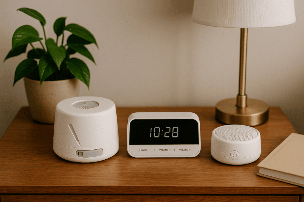 Three white noise machines on a wooden nightstand beside a brass lamp, plant, and a digital clock.