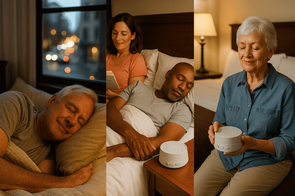 Three-panel collage: left—older man sleeping peacefully with city traffic outside window; center—woman reading while partner sleeps with a white noise machine on the nightstand; right—older woman holding a compact white noise machine.