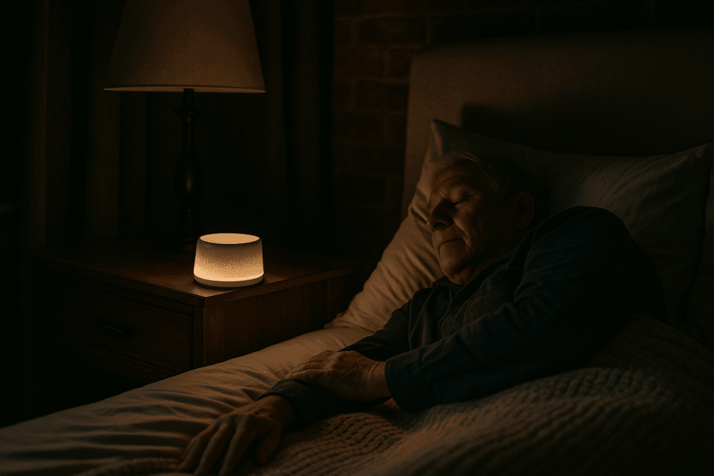 Older adult sleeping peacefully in a warmly lit bedroom; a small white noise machine glows on the nightstand a few feet from the pillow.