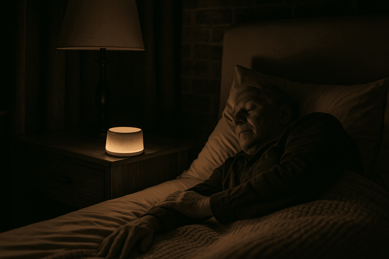 Older adult sleeping peacefully in a warmly lit bedroom; a small white noise machine glows on the nightstand a few feet from the pillow.