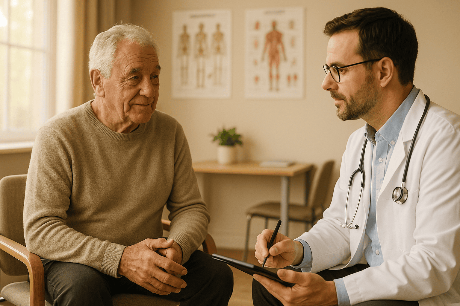 Older adult discussing sleep concerns with a doctor in a calm clinic setting