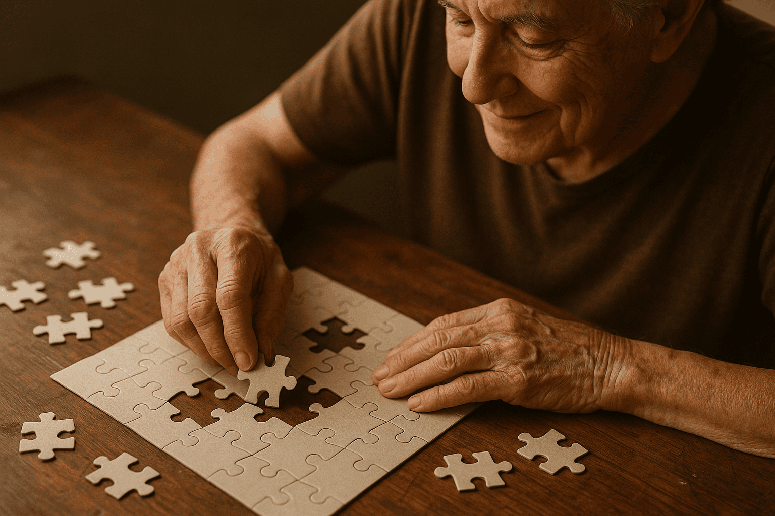 Older adult working on a jigsaw puzzle with missing pieces, symbolizing mental health challenges in later life
