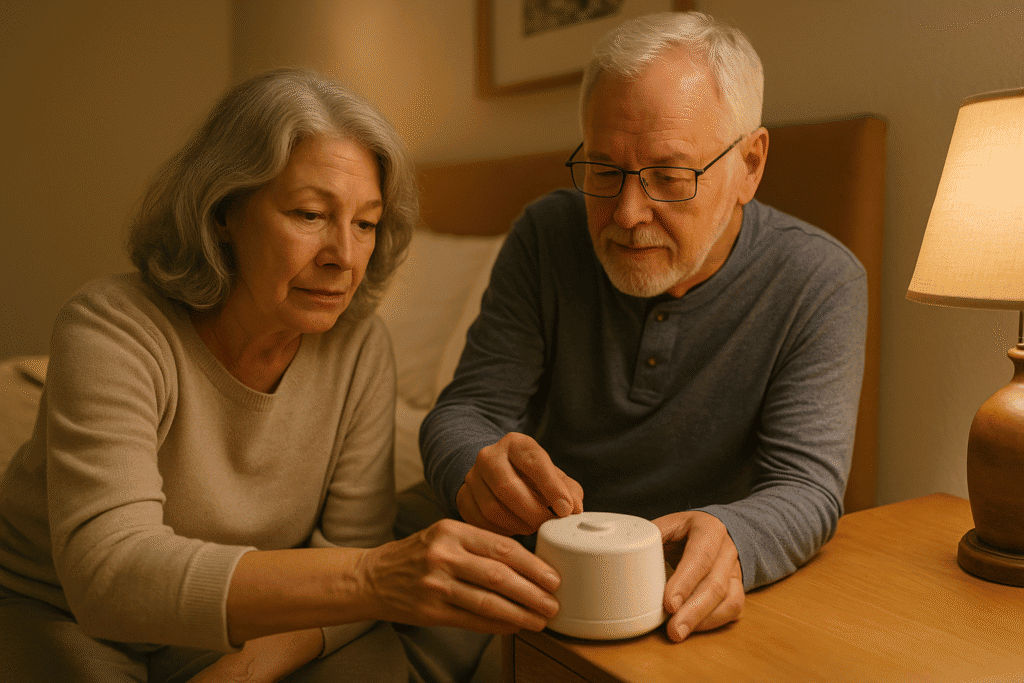 Senior couple adjusting a white noise machine on the nightstand in a softly lit bedroom.