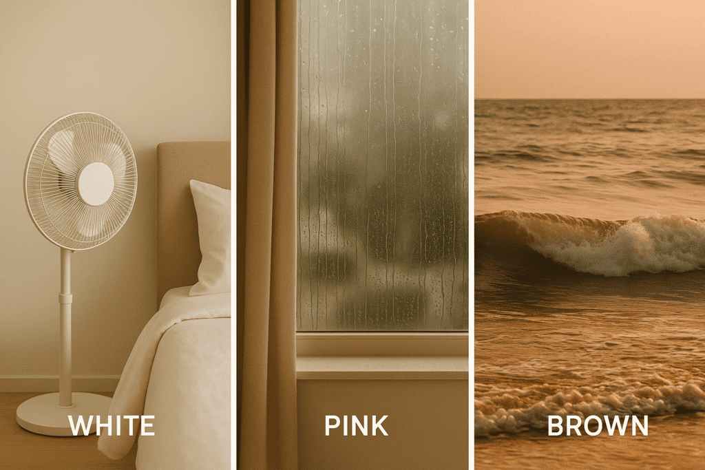 Three-panel image comparing white, pink, and brown noise: bedroom fan for white, rain on window for pink, and ocean waves for brown.