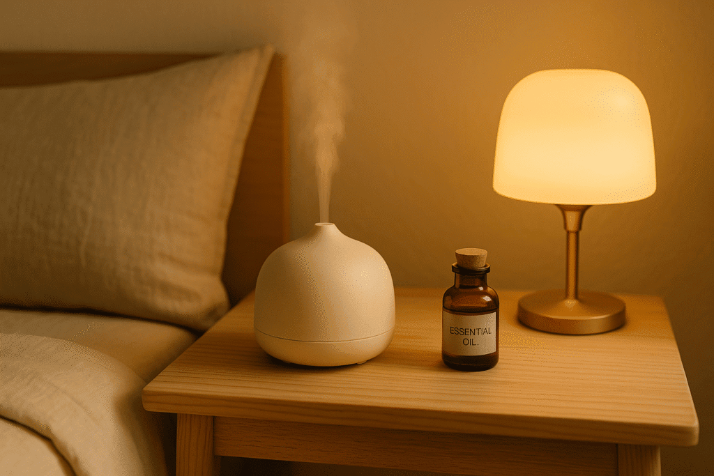 Nightstand with essential oil diffuser, bottle labeled “essential oil,” and a softly glowing lamp