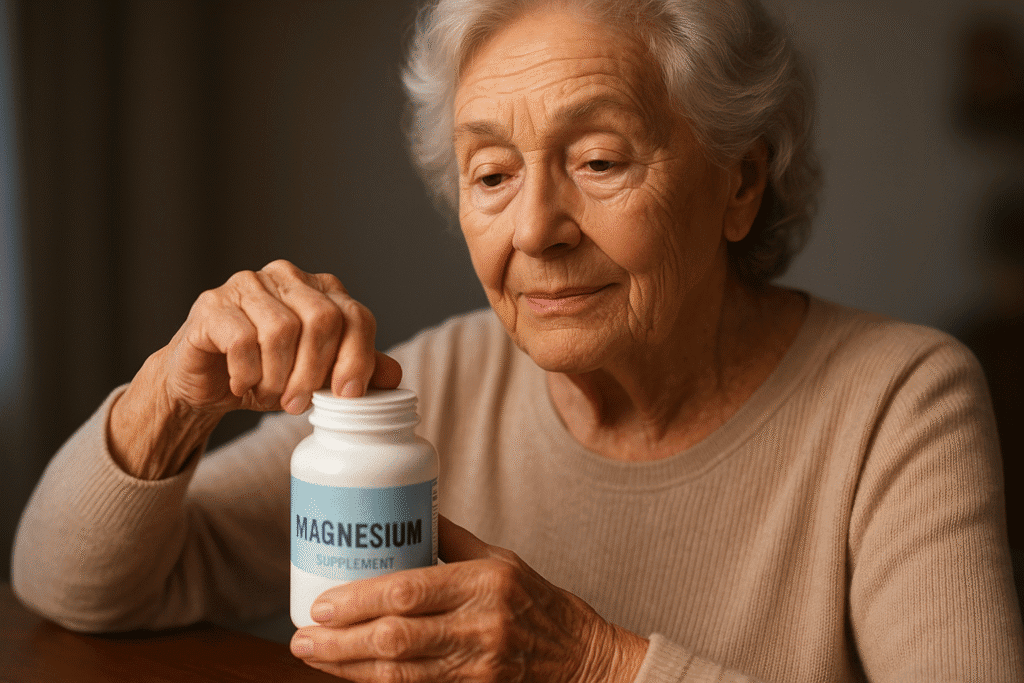 Senior woman opening a bottle of magnesium for sleep in seniors