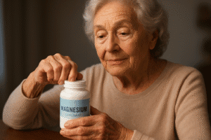 Senior woman opening a bottle of magnesium for sleep in seniors