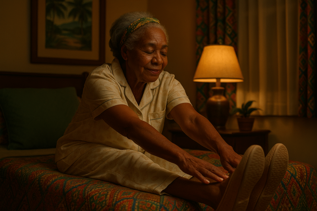 Older woman sitting on her bed performs a gentle stretch, reaching toward her feet with eyes closed