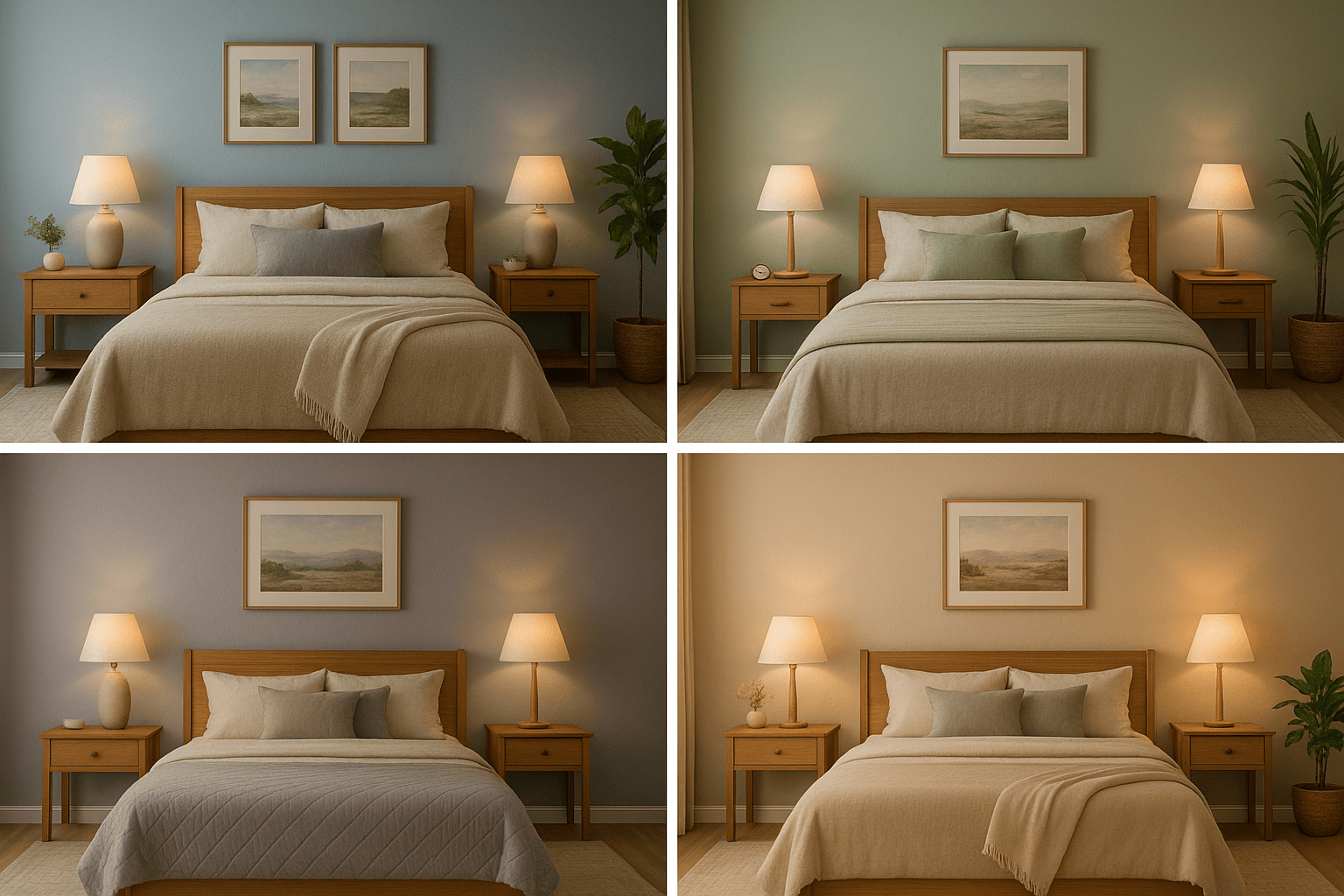Bedroom color examples in soft blue, sage green, gray lavender, and warm beige.