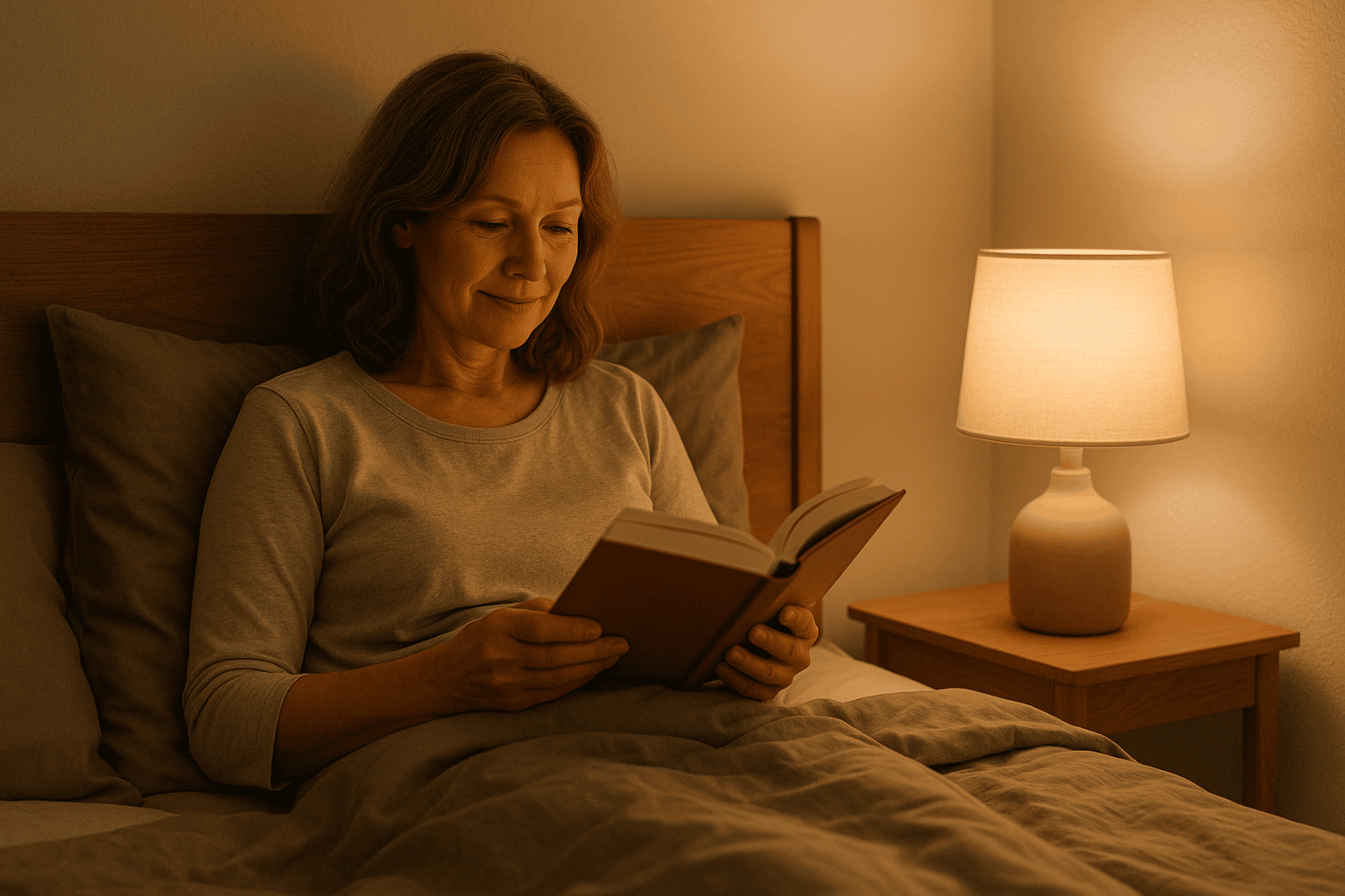 Midlife woman reading in bed with warm bedside lamp, soft neutral bedding.