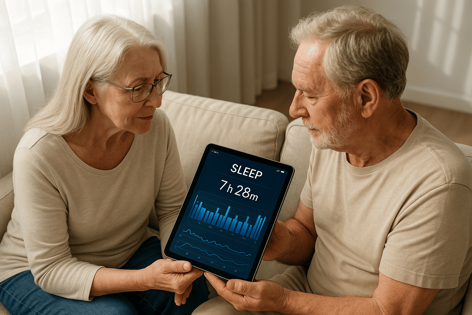 Sleep tech for older adults showing data on a tablet to improve rest.