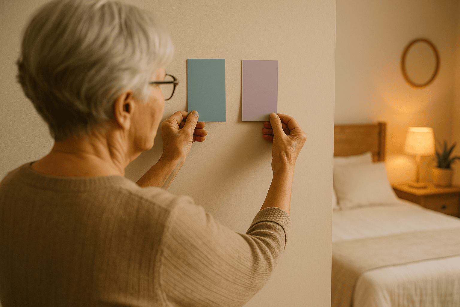 Senior woman comparing paint swatches in soft lighting for a bedroom makeover.