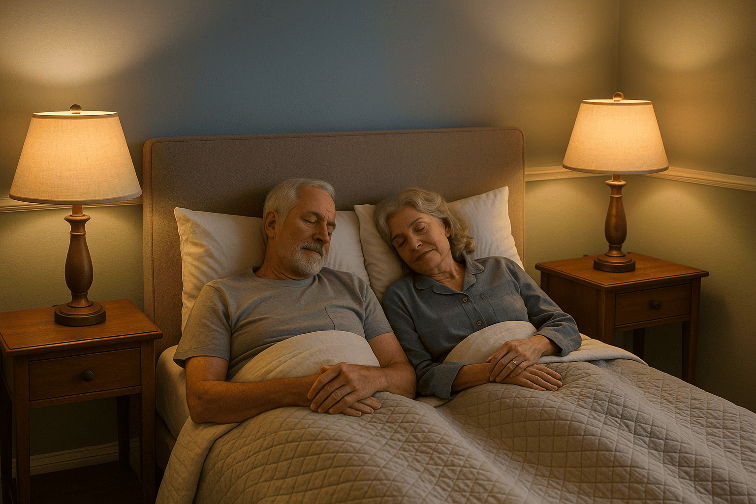 Soft blue and sage green senior bedroom with warm lighting for restful sleep.