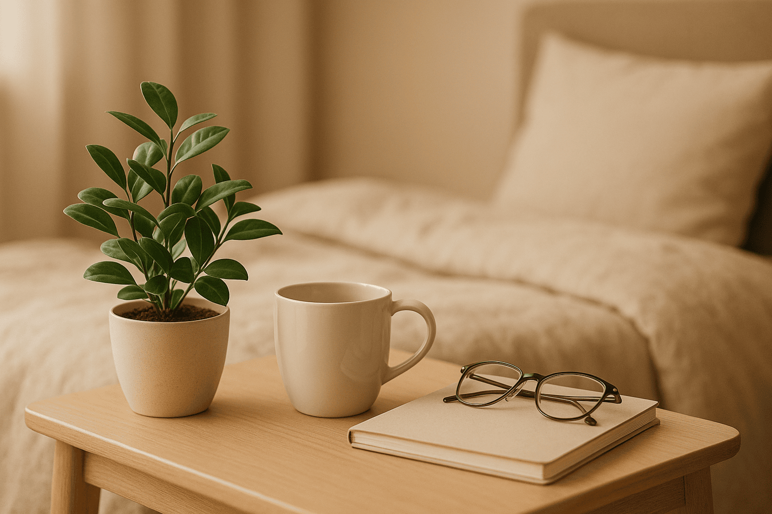 Cozy bedside table with plant, mug, and reading glasses in a softly lit bedroom.