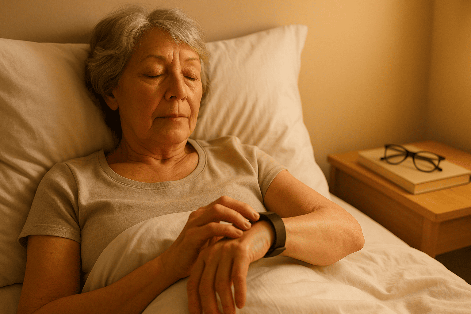 Sleep tracker for seniors worn as a lightweight fitness band in bed.