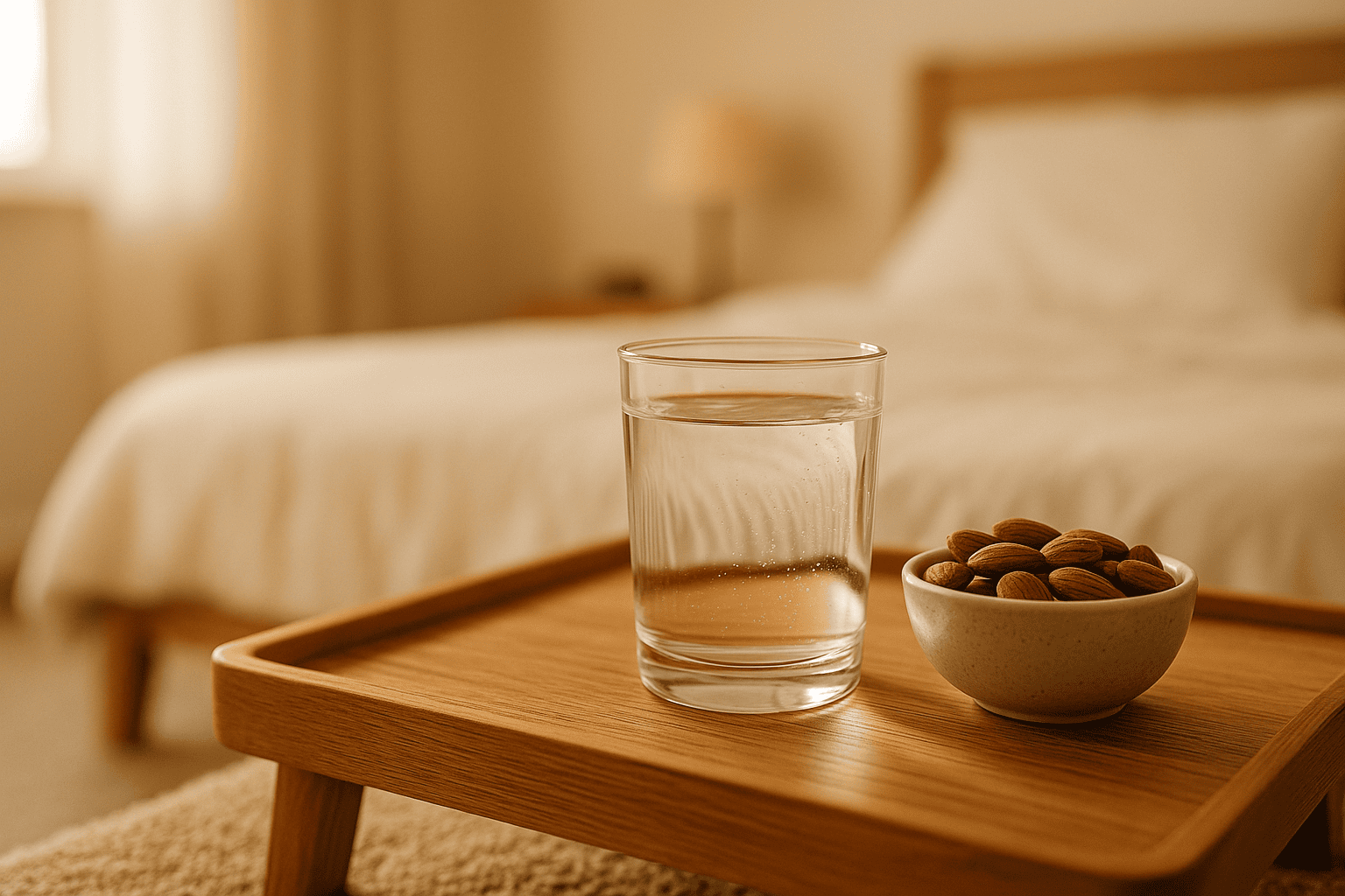 Bedside tray with a glass of water and small bowl of almonds, blurred bedroom background.