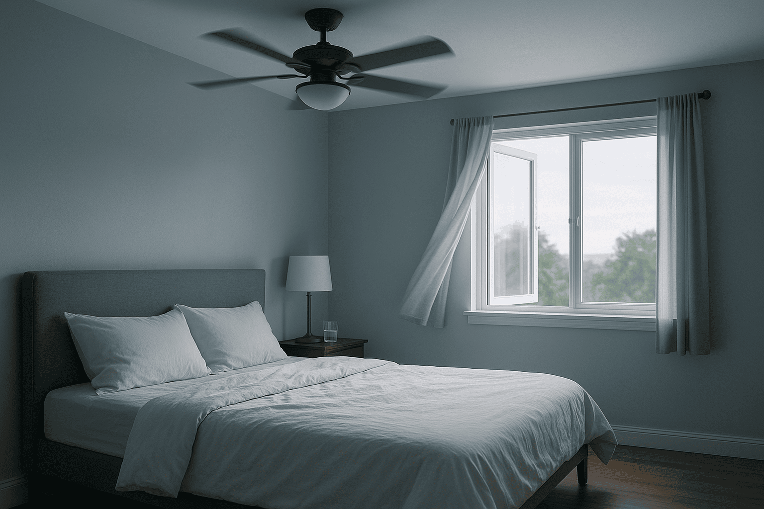 Cool-toned bedroom with ceiling fan, light cotton bedding, and open window letting in fresh air.